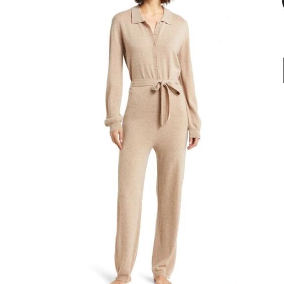 NEW Nordstrom tan cashmere knit straight leg jumpsuit size large luxurious - Picture 1 of 11